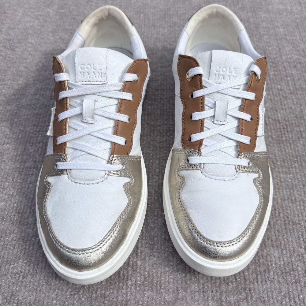 Cole Haan Grand Crosscourt Modern White Gold Leopard Sneakers W21535 Womens 7B